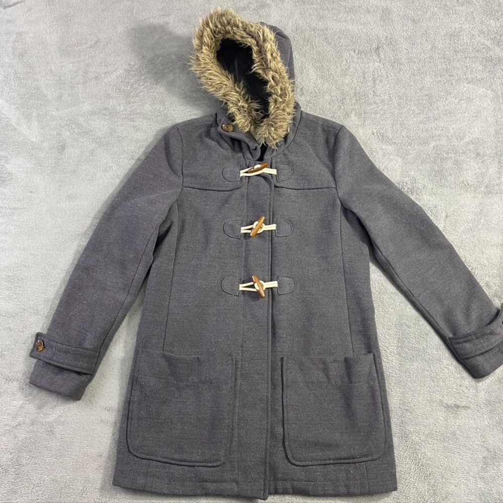 Old Navy‎ Coat Womens S/P Gray Peacoat Wool Blend Faux Fur Trimmed Hood Outdoor